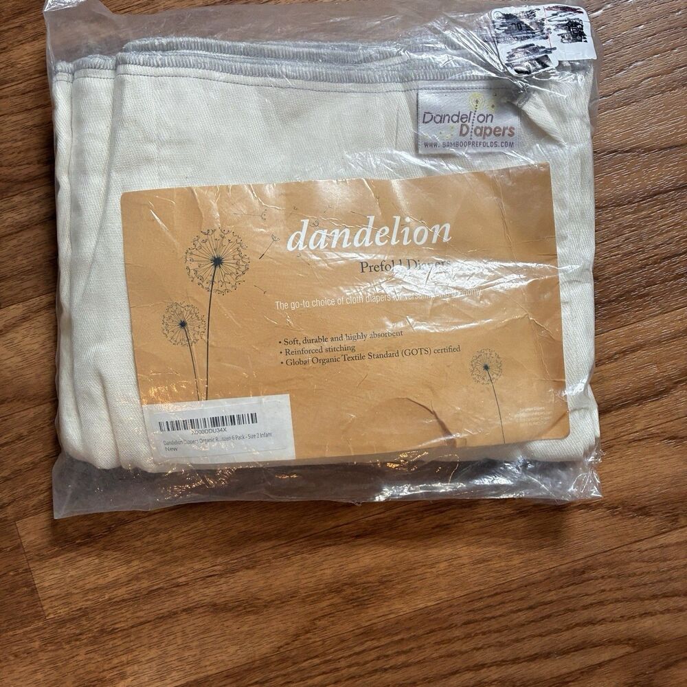 Dandelion Pre Fold Organic Diapers. Set Of Six. Size 2 Infant. New. Beige Color.